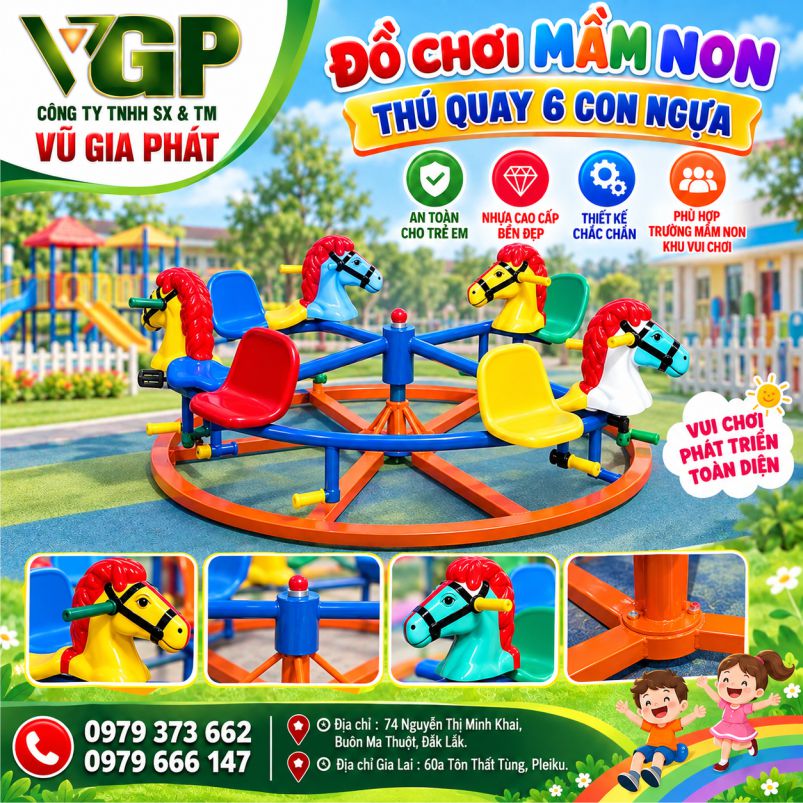 Đu quay ngựa 6 con 12 chỗ đạp xe trên đường ray