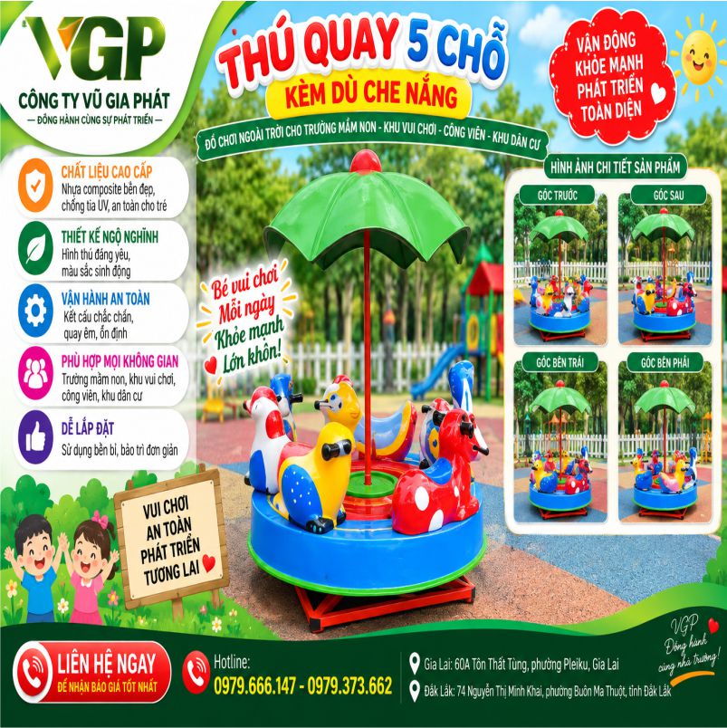 Đu quay thú 5 chỗ cho bé kèm dù che nắng